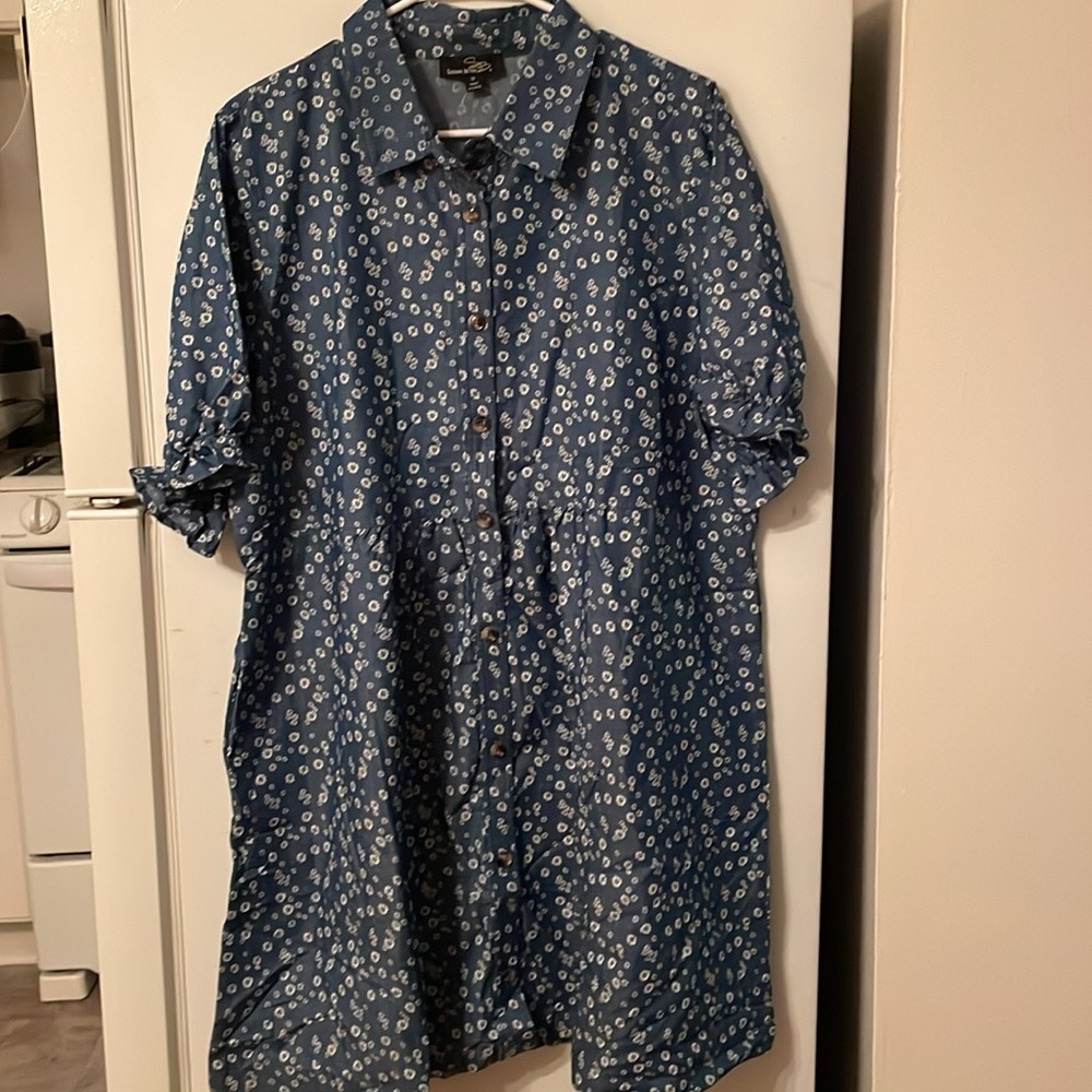 Suzanne Betro NWT 1X Denim‎ Blue & White Floral Puff-Sleeve Shirt Dress